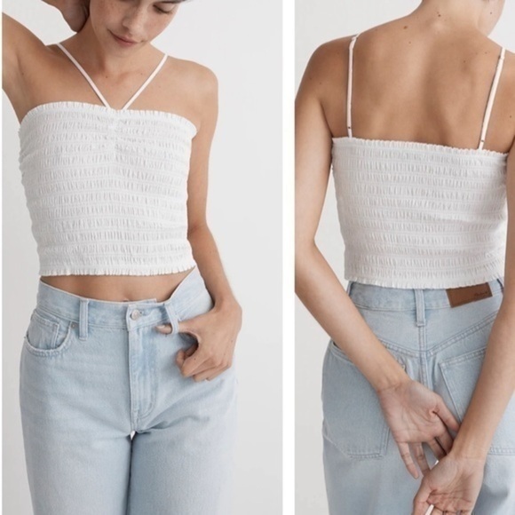 Madewell White Poplin Smocked Halter Crop Top Large NWT - Picture 1 of 10